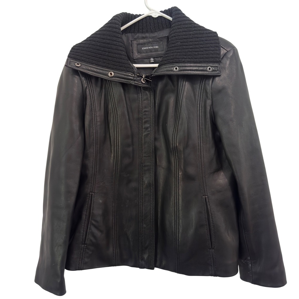 Jones New York Leather Jacket Black Ribbed Knit Shawl Collar Full Zip Size XL